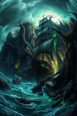 in the style of Fisheye lens. detailed close-up concept art of a Lovecraftian horror, chthon island featuring a decaying a a pirate ship Focus on gnarled trees around rocky cliffs, with the a deep cracks and glowing substance oozing from them. Include hints of nightmarish creatures beneath turbulent waters. The stormy sky casts an eerie and green glow, with shipwreck debris and ancient ruins scattered on the shore to emphasize the sense of dread and abandonment