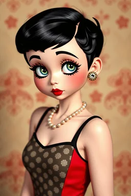 thin cute girl with pixie cut hair, in a flapper dress, makeup like betty-boop, full body