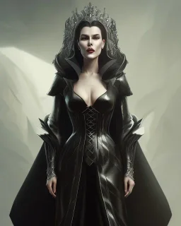 evil queen in black leather gown, busty, cleavage, angry, emperious, 8k resolution concept art portrait by Greg Rutkowski,