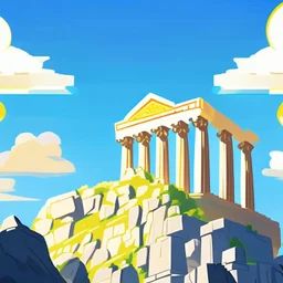mount olympus from the greek mythology. view from below. temples high up on the mountain. Illustration. Cloudy. Sun behind the temple of Zeus.