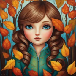 Masterpiece, best quality, Jeremiah Ketner style painting of a portrait of a girl in autumn park, autumn leaves in background, painted by Jeremiah Ketner