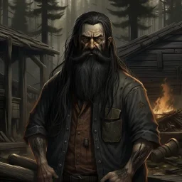 The large and furious black haired lumberyard owner "Big K" grimdark realistic apocalypse survivor