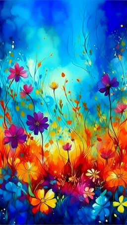 a smear . Field of wild a colorful flowers watercolor drawing on a blue splash colors background