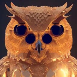 Owl,full body shining gold metal, elegant, bokeh, volumetric lighting, extreme detail, Photorealism, High detail, Hyper macro lens blur, 100mm, cinema4d, HDR, 8k, unreal engine 5