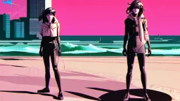 synth-wave beach & city, lone girl, iconic:1.8), comic style