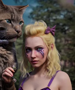 Ultra realistic afternoon photo, happy couple, blonde Alice woman and purple cat smoking a pipe, circus blue dress style, black headband with bow, old school body tattoo, smoke, marihuana garden, glow eyes, perfect iris, soft color, highly detailed, unreal engine 5, ray tracing, RTX, lumen lighting, ultra detail, volumetric lighting, high definition.