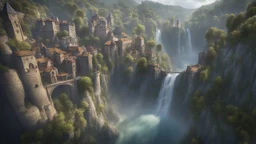 a steep, narrow, 3.000 feet tall valley. multiple waterfalls falling into the middle of a medieval european city. The city is at the bottom of the ravine. a masterpiece, fantasy concept art, dynamic lighting, hyperdetailed, intricately detailed, deep color, Unreal Engine, volumetric lighting, Epic cinematic brilliant stunning intricate meticulously detailed dramatic atmospheric maximalist digital matte painting