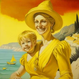 Neoclassicism realistic yellow cote d'azur sea woman smiling with child