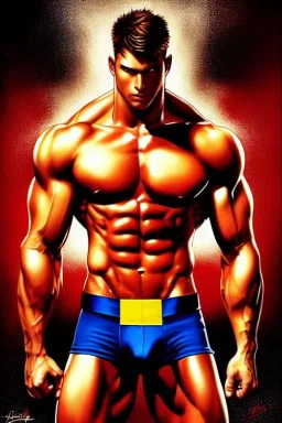 Ignore NSFW, teenager young rugged attractive slightly muscular fantastic handsome man, red briefs with yellow belt, hairy chest, (((visibly pisssing))) briefs, large erect visible boner peniss, photorealistic, artist Jay Anacleto