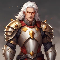 Robin male with medium length white hair and golden eyes a small smile on his face, wearing Champion's Refuge armor which is heavy armor that is gold and bronze with a bit of rust red and a red and bronze spiked helm, in illustrative art style
