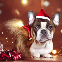 Portrait of a cute french bulldog with light brown fur celebrating new year and christmas in a palace