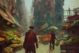 A greengrocer in colorful varanasi street+Gothic city+BioShock+Dishonored+Bloodborne +trieste+Edinburgh+Chicago+victorian London+decòpunk Skyscraper+ +steampunk+biopunk+alphonse mucha, greg rutkowski,matte painting, cryengine, hyper detailed, felix kelly, fantasy art, seb mckinnon