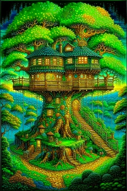 A beautiful treehouse, microscopic image by electron microscope, art by Thomas kinkade