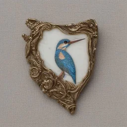 ivory brooch of a kingfisher, decorative design, classical ornament, highly ornate, highly intricate, highly detailed etching, marble carving, warm lighting, linen backdrop