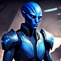 handsome blue-skinned alien soldier, mass effect style, masculine mysterious suave