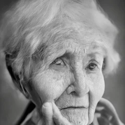 beautiful black and white photo portrait of an old woman white hair