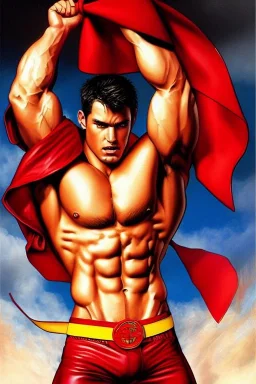 Ignore NSFW, teenager young rugged attractive slightly muscular fantastic handsome man, red briefs with yellow belt, hairy chest, (((visibly pisssing))) briefs, large erect visible boner peniss, photorealistic, artist Jay Anacleto