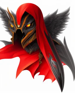 Draw an illustration with a red and black hood and a dragón mask over they eyes