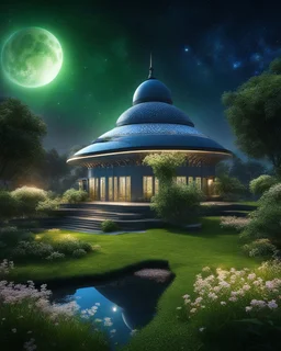 Night cosmic futuristic mosque in space, small lake, particle, very pretty shrubs++, well-cut green grass and small flowers of all colors, small dome-shaped house