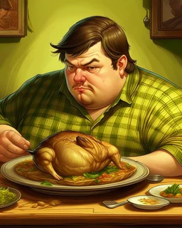 Portrait d'un jeune homme mangeant un grand poulet rôti, ultra obèse; cheveux bruns et teint blanc, porte une chemise à carreaux de couleur vert olive. HD portrait, Artstation