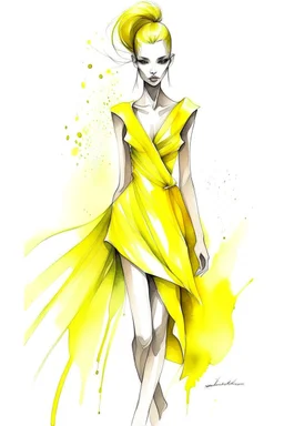 Watercolor fashion yellow short futuristic dress sketch