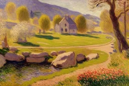 Sunny day, grass, spring, flowers, distant house, Rocks, trees, mountains, river, very epic, claude monet impressionism paintings