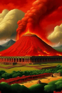 A red pyroclastic palace near a volcano designed in Mayan architecture painted by Jeffrey Kolker