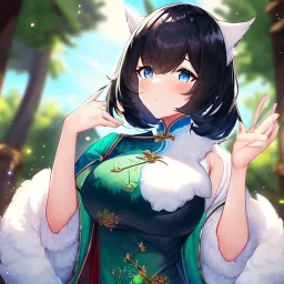 Clear focus,High resolution, Black short fluffy hair, and blue eyes, wearing a Chinese Traditional outfit dark green with black, Blushing, Hand up, white fur