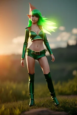 Cute elf girl, green and yellow hair, nighttime background, normal body, leather attire