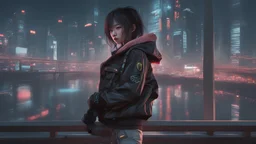 4k, hyper-realistic, Ultra-HD, Ray-tracing, cyberpunk, cybernetics, Asian, Female, short, jacket, carrying pistol, hacker, night time, bright signs, lively city, desktop wallpaper, cute