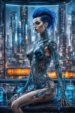 A beautyful transparent glass body biomechanical woman with black-blue hair, sitting in the cyberpunk rooftop bar in futuristic city, intricate details, HDR, beautifully shot, hyperrealistic, sharp focus, 64 megapixels, perfect composition, high contrast, cinematic