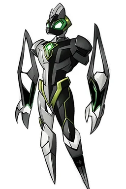 A new space creature from Ben 10 cartoon. Strong and graceful. Advanced metal. Magical power, precise detail and intense power Add "full body view" as a prefix. Use an aspect ratio (dimensions) that is mor vertical (3:4 vs 4:3), move the camera back ("extreme long range view"), move camera upward rather than being at hip height ("high angle view" or "eye-level view"). Describe her shoes or stance, as well as what you see over her head