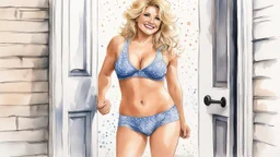 Open the door: star Ginger Lynn in undies stands on the doorstep with a smile [a chaotic pen sketch with a lot of strokes in stippling, aquarelle]