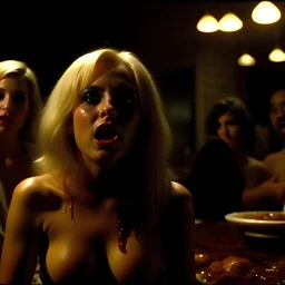 Horror movie shot, spooky, very hot, ultra realistic, hot dine, ultra realistic hot blonde women, hot party, pieces of meat, they enjoy, organs, ail, dynamic, very excited people, hypermaximalist figures, light, 1970's Italian horror movie, sinister,, Dario Argento, Stanley Kubrik, ornate, 4k, photorealism