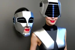 Technological utopia, singularity. Machine, fake smile, staring eyes. 3D-tiling on the adaptive background. Lightly armored, haughty cyborg. Cyber-punk full-mask. Lay figure woman is mischievous. Insane. Repugnant behavior towards a human. tippets. Haute Couture 1996. Light right. Colors are silver, black, Cyan. Huge headphones. golden rings & disc. Thick tights Thick calves Curved fell Wide hip. Secretly wears off the helmet, reveals ugly old hag. Grotesque. Delicatessen Clockwork Orange Joker