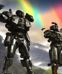 Photorealistic futuristic shiny samurai mechwarrior holding large katana on the surface of an alien planet with a rainbow behind it