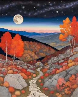 Autumn colors, peaceful, Egon Schiele, Max Ernst, night sky filled with galaxies and stars, rocks, trees, flowers, one-line drawing, sharp focus, 8k, deep 3d field, intricate, ornate, one million strokes