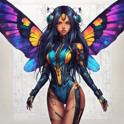 full body portrait illustration , long hair, with detailed blueprints and engineering schematics of a walking hybrid Madagascan sunset moth insect girl, in anime style, with highly detailed facial features, drawings, 8k, vibrant natural colors, tight bodysuit, white skin, wings above sholder