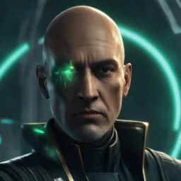 star wars bald male corellian jedi pilot wearing gunmetal grey and black old republic armored robes with gold trim inside the jedi temple holding a lightsaber with viridian green blade in left hand, centered head and shoulders portrait, hyperdetailed, dynamic lighting, hyperdetailed background, 8k resolution, volumetric lighting, light skin, fully symmetric details