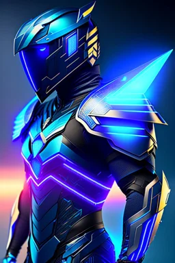 neon blue, flying parts of armor in form of triangles, cyber armor, geometric patterns on armor, male, orbiting triangle