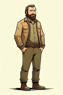 man, beard, brown hair, illustration, looking serious, full body, standing, mean,, looking sideways,