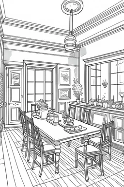 Outline art, house interior design, dining room, no shading, no lines, cartoon style, --ar 9:11