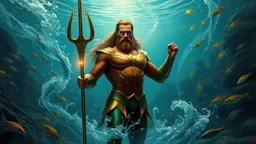 Aquaman in his classic gold and green suit His trident glowing with mystical energy Swirling schools of colorful fish around him Ancient Atlantean ruins in the background Streams of bubbles rising towards the surface Artistic influences: Draw inspiration from the paintings of Ivan Aivazovsky for the underwater atmosphere Incorporate elements of bioluminescence like in James Cameron's Avatar underwater scenes