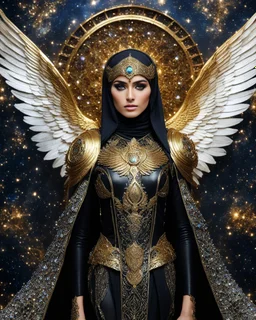 Photography A Length Super model Iranian Woman Hijab as Beautiful Archangel with wings made from metal craft,dressing luxurious golden and black color armor filigree fcombination fully crystals diamonds stone crystals,Cosmic Nebula Background