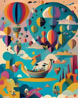 A whimsical scene of a hot air balloon race through a sky filled with floating islands, towering clouds, and fantastical creatures, in the style of collage art, vibrant colors, layered textures, and imaginative compositions, influenced by the works of Romare Bearden and Hannah Höch, celebrating the boundless potential of human creativity and adventure.