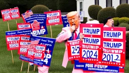 man in drag screaming on phone with trump 2024 campaign signs all over lawn