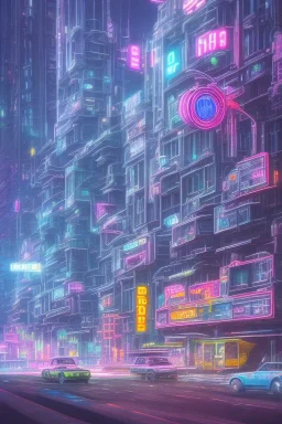 Brutalist style architecture cityscape, neon lights, vibrant billboards, traffic