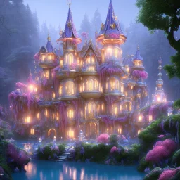 a magical flower bleu gold house in the woods, pink vertical, blue lake,sharp, vines, candlelit, endor, ornate, elegant, highly detailed, artstation, concept art, smooth, sharp focus, illustration, 8k, splash art, wallpaper, key visual