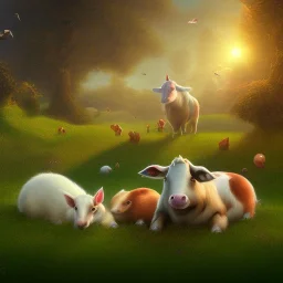 FARM ANIMALS SLEEPING, volumetric light high details psychedelic background