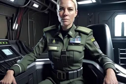 Captain female military tough sitting back in command chair on huge bridge of space cruiser hyper realistic, detailed, tough, menacing, cinematic lighting